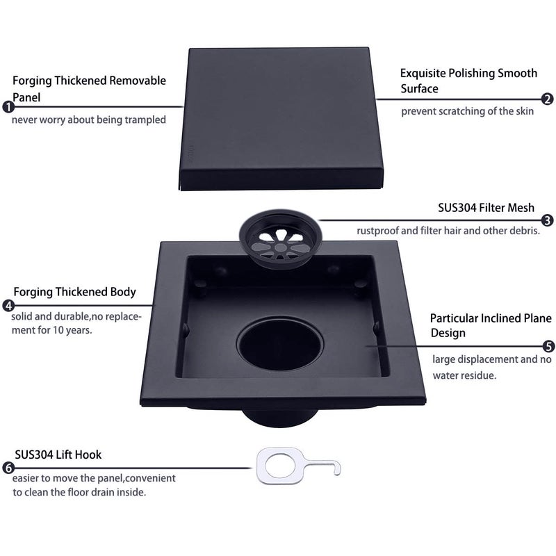 RANDOM Black Shower Drain Square with Removable Tile Insert 6 Inch Drain Cover and Hair Strainer,SUS 304 Stainless Steel Matte Black Shower Floor Drain - Image 5